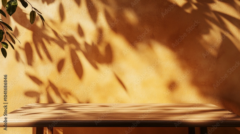 Poster sunlit wooden table with intricate leaf shadows dancing across its surface, creating a mesmerizing i