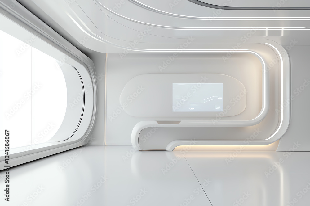 Poster exploring the concept of a futuristic workspace featuring floating desks and holographic interfaces 