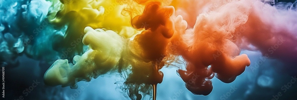 Poster vibrant explosion of colorful ink clouds underwater, creating a mesmerizing abstract panorama of swi