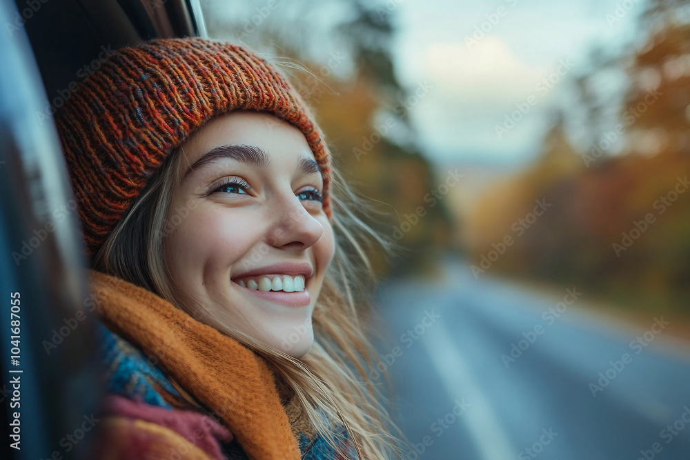 Poster enjoying traveling in autumn forest generative ai image
