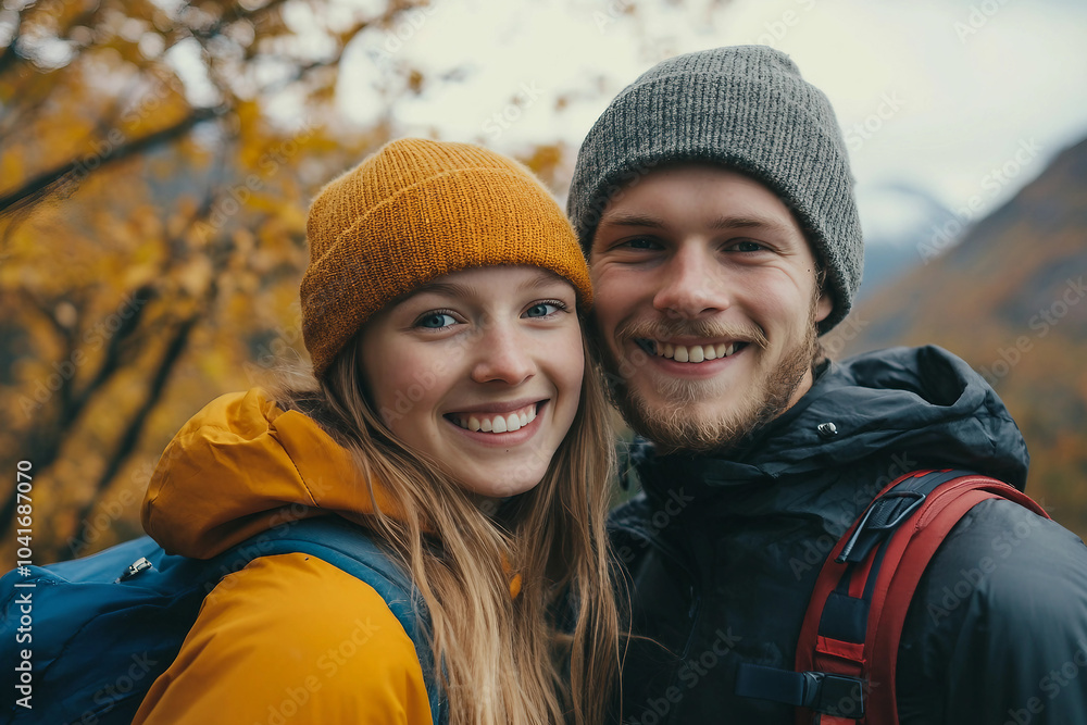 Wall mural couple traveling together in autumn forest generative ai