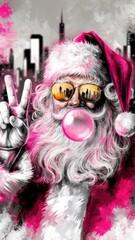 Santa Claus with Sunglasses Blowing Bubblegum in a Modern Urban Setting
