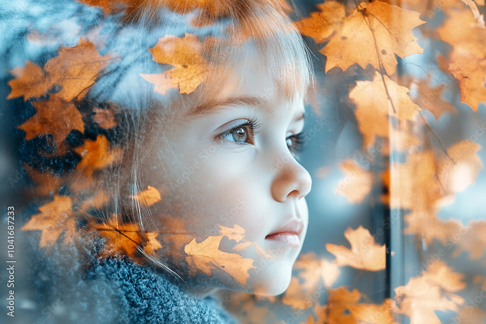 Poster portrait of a cute child in autumn created with generative ai