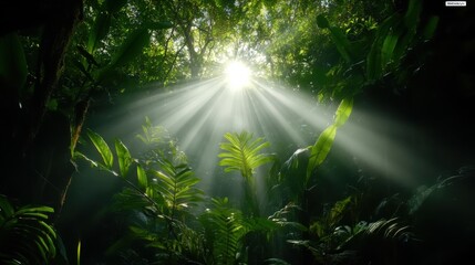 Sonnenstrahlen brechen durch den Morgennebel im Regenwald für Umweltthemen