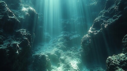 Sunlight beams through a crevice in the ocean floor, illuminating a dark underwater landscape.