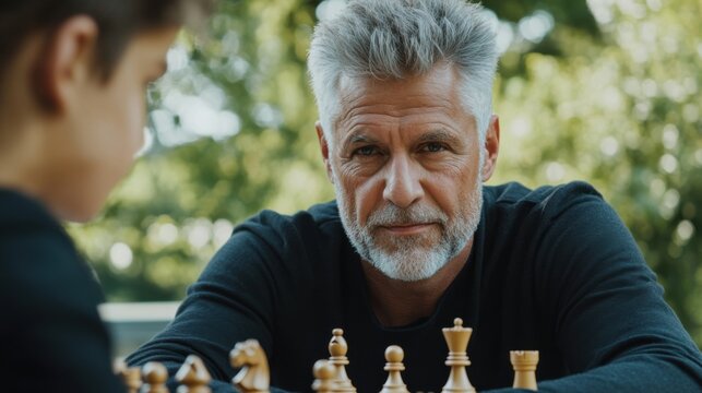 Strategisches Spiel im Fr&uuml;hling: &Auml;lterer Mann spielt Schach im Freien zur Entspannung und geistigen Fitness