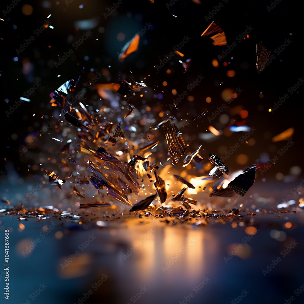 Poster abstract explosion of metallic shards with a warm glow in the center.