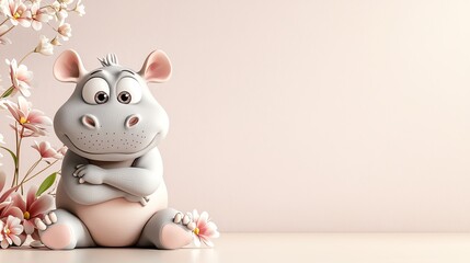 A snarky baby hippo sitting with crossed arms, vibrant 3D cartoon style, sarcastic expression, pastel background