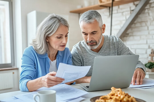 Senior couple reviewing documents and using a laptop computer while sitting at a kitchen table.