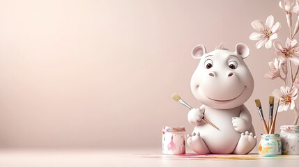 Baby hippo as a painter, sarcastic smirk, holding a paintbrush, 3D illustration in a colorful studio setting