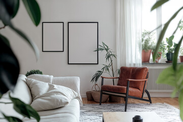 Frame mockups on a white wall in scandinavian natural style living room, brown leather armchair, white sofa, potted plants. Two blank vertical din A posters in black frames, light room interior design