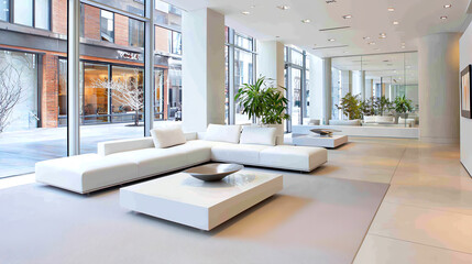 Sleek office lounge with modern sofas and coffee tables a stylish workspace for collaboration and relaxation