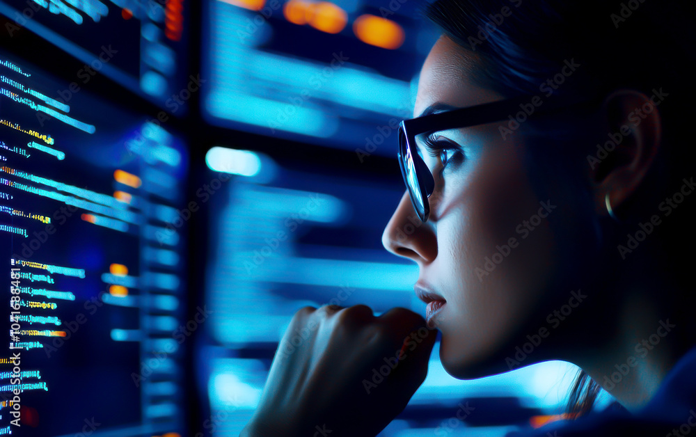 Poster focused woman analyzing code on a digital screen, showcasing concentration and technology use in a m