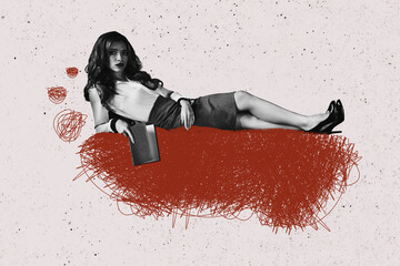 Creative collage young businesswoman drawing doodles lying secretary employee think overthinking mental issues crisis chaos