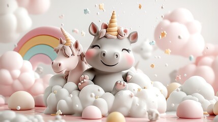 Baby hippo riding a unicorn, sarcastic smirk, detailed 3D fantasy illustration, rainbowcolored landscape