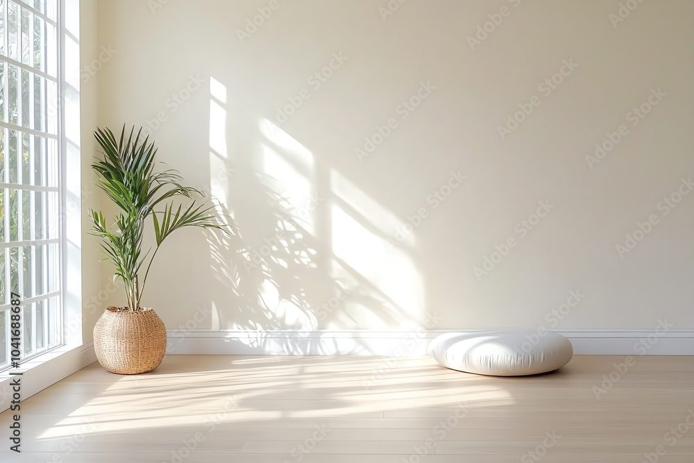 Poster creating a serene zen-inspired office space embracing minimalism with soft decor and natural element