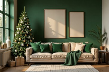 Boho brown Christmas livingroom with dark green elements and decorated big Christmas tree, frames and gift