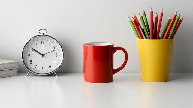 Minimalist desk setup featuring a classic alarm clock, vibrant red coffee mug, and yellow pencil holder filled with colorful pencils, symbolizing productivity and creativity.