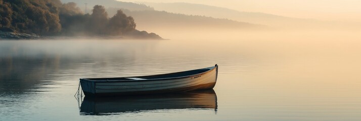A solitary boat gently floats on a mist-covered lake, invoking a sense of solitude and peacefulness.