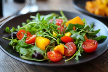 Fototapeta premium Fresh and colorful salad with tomatoes, peppers, and greens, presented on a black plate, offering a healthy dish.