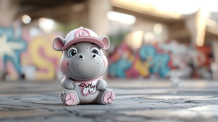 Sarcastic baby hippo wearing a baseball cap, detailed 3D cartoon style, vibrant cityscape with street art
