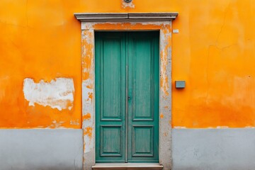 A striking green door set in a bright, worn orange wall, creating a vivid, contrasting visual effect beautifully.