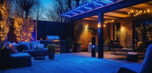 A luxurious outdoor patio featuring smart lighting, automated heating systems, and a smart speaker system for music, perfect for entertaining guests.