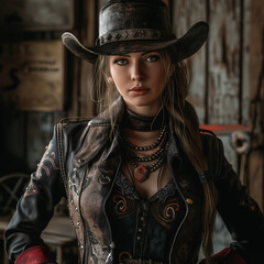 Portrait captures a woman in a Gothic outfit, blending elements of Western and alternative styles. The moody atmosphere is heightened by her black attire and cowboy hat, evoking a mysterious charm