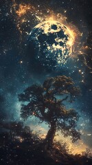 Cosmic Night Sky with Glowing Tree and Moon