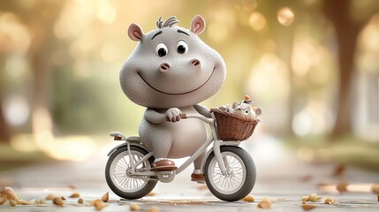 Obraz premium Snarky baby hippo on a bicycle, exaggerated 3D cartoon style, vibrant city park backdrop with playful details