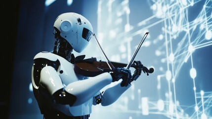 A robotic musician performing live in an interactive digital concert hall, immersive and musical setting with digital projections and virtual audience interaction