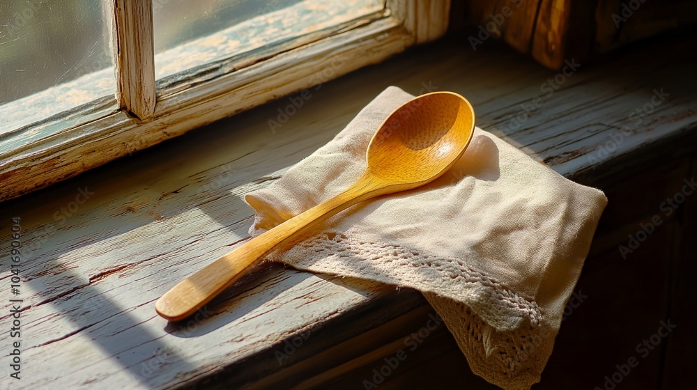 Poster sunlight streams through a rustic window, illuminating a wooden spoon resting on a delicate lace-tri