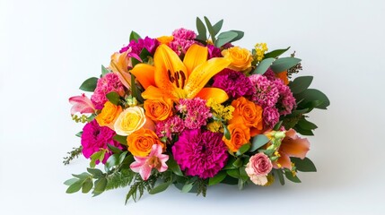 Obraz premium A vibrant bouquet of mixed flowers with roses, lilies, and carnations against a plain white background.