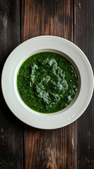 Perfect image of spinach cream soup on a white plate, set on a rustic wooden table, ideal for your healthy food project