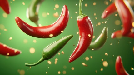 A bunch of peppers are flying through the air. The peppers are red and green