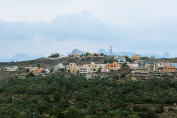 Fototapeta premium Traditional village in Oman surrounded by lush palm trees and mountains under a cloudy sky showcasing local architecture and serene landscape