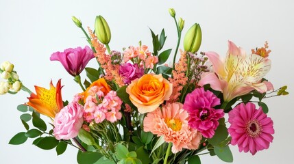 Obraz premium A vibrant bouquet of mixed flowers with roses, lilies, and carnations against a plain white background.