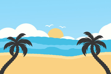 Summer background sunset beach. Sea, yacht and a palm tree. Modern flat design.