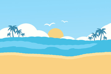 Summer background sunset beach. Sea, yacht and a palm tree. Modern flat design.
