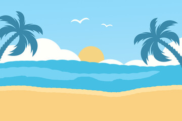 Summer background sunset beach. Sea, yacht and a palm tree. Modern flat design.