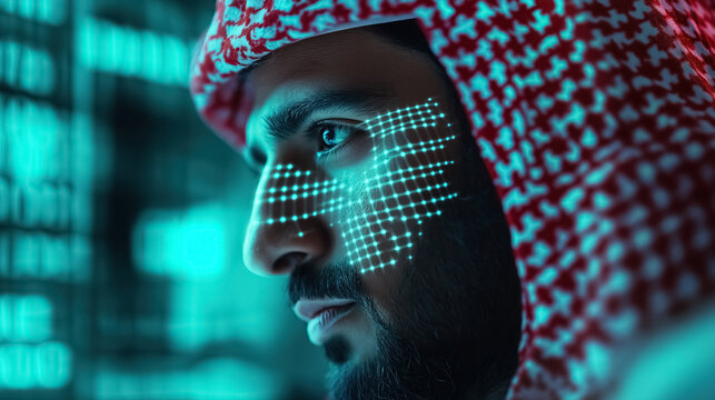 Arab man wearing traditional clothes, focused on a holographic display with data analysis - Powered by Adobe