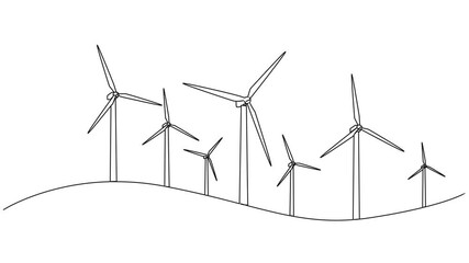 animated continuous single line drawing of wind farm generating renewable energy, line art animation