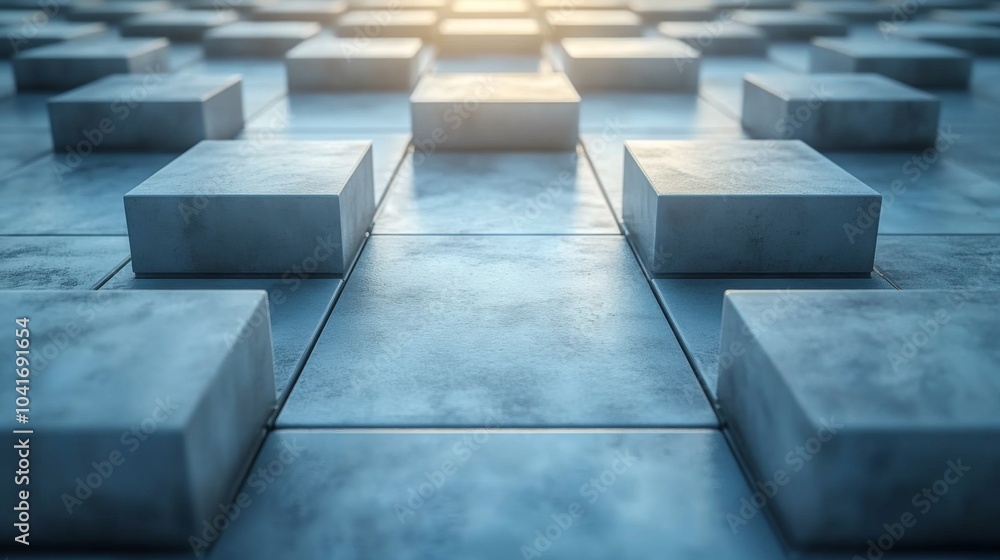 Poster The pathway features a series of square concrete tiles arranged neatly, illuminated by gentle morning light. The perspective highlights depth and symmetry, creating a tranquil atmosphere.
