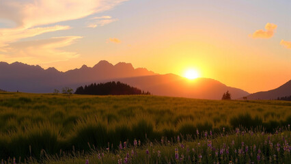 広大な草原と山脈と夕日の風景