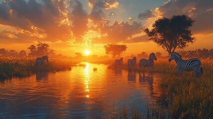A herd of zebras stand in a river at sunset, with the sun setting behind them and a tree in the background.
