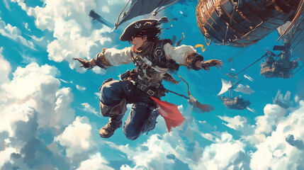 Fototapeta premium A daring pirate leaping from a flying airship, with the sky and clouds swirling around them, Anime style
