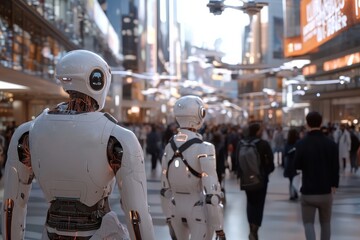 The scene captures two advanced humanoid robots navigating a bustling urban environment, symbolizing the future integration of AI in daily human activity and urban life.