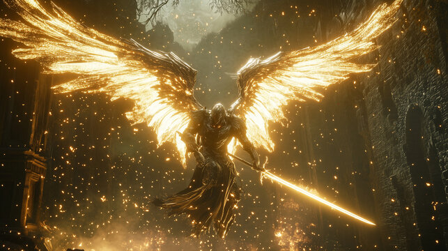 A character with massive, glowing wings, wielding a glowing spear, descending from the sky to strike down enemies, Anime style