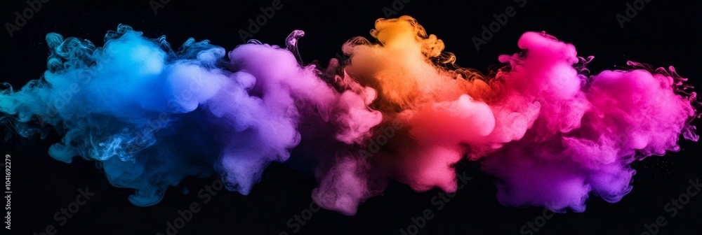 Poster vibrant multicolored smoke clouds drift across a black background, creating a mesmerizing display of