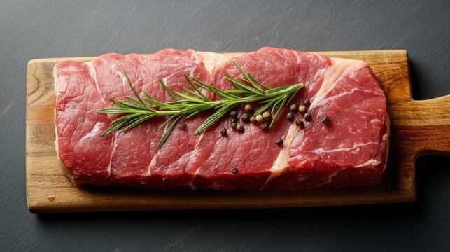Rohes Schweinefilet auf Holzbrett mit Kr&auml;utern und Pfefferk&ouml;rnern - kulinarische Zutat zum Kochen und f&uuml;r Rezepte